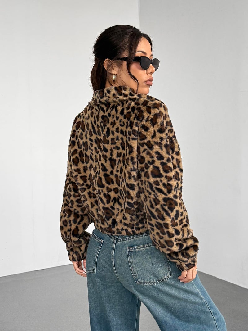 ZAFUL Women's Fashion Long Sleeve Lapel Half Zip Plain Faux Fur Sweatshirt Solid Color Crop Pullover Tops (2-Leopard,M) - Image 3